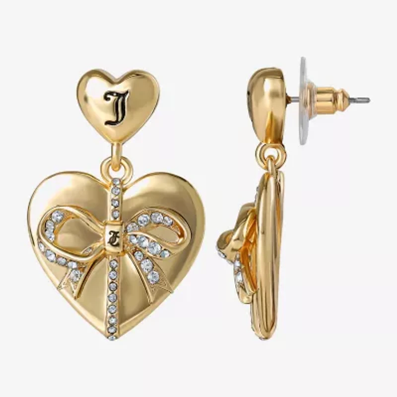 Juicy By Juicy Couture Gold Tone Womens Crystal Bow Heart Drop Earrings