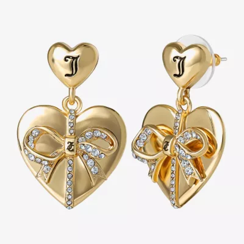 Juicy By Juicy Couture Gold Tone Womens Crystal Bow Heart Drop Earrings