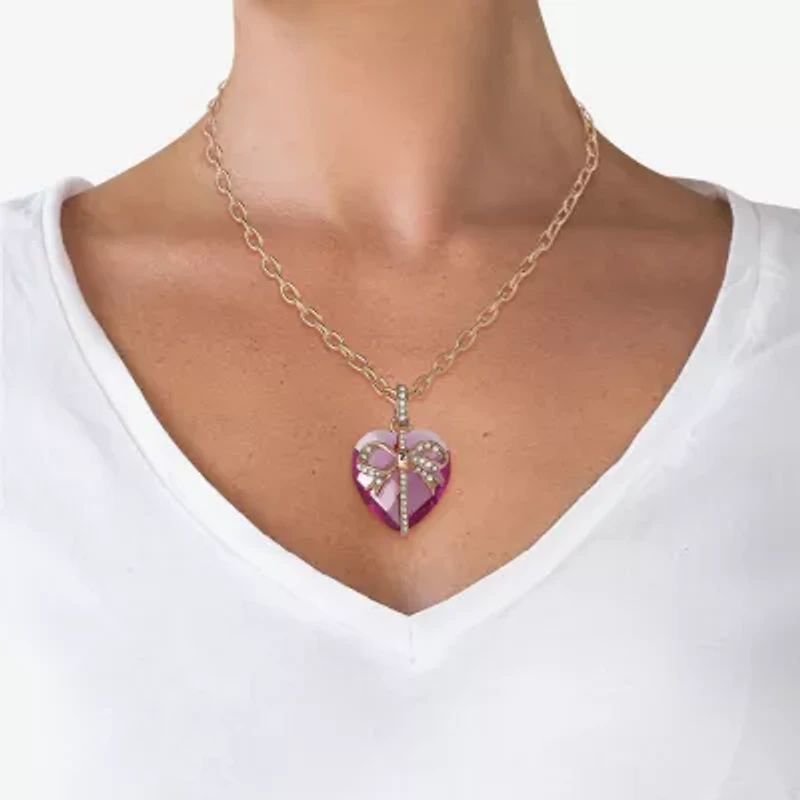 Juicy By Juicy Couture Gold Tone Womens Pink Crystal Alloy Bow Heart 18 Inch Pendant Necklace