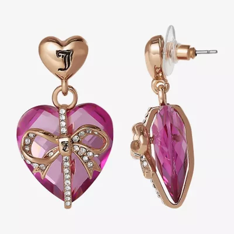 Juicy By Juicy Couture Gold Tone Womens Pink Crystal Bow Heart Drop Earrings