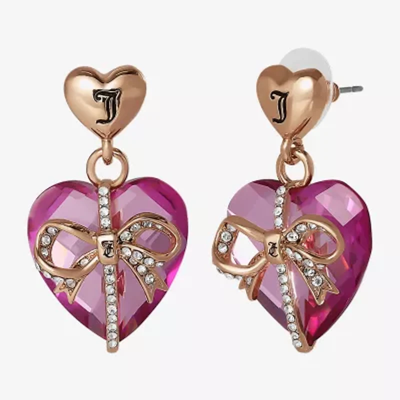 Juicy By Juicy Couture Gold Tone Womens Pink Crystal Bow Heart Drop Earrings