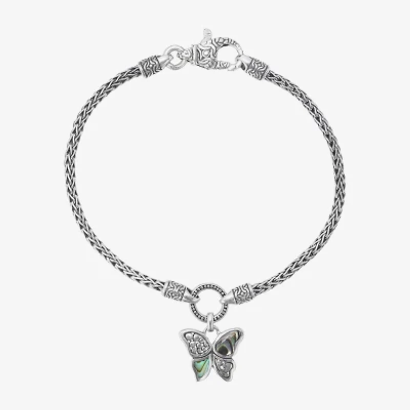 Bali Inspired Womens Genuine Multi Color Abalone Sterling Silver Butterfly Charm Bracelet