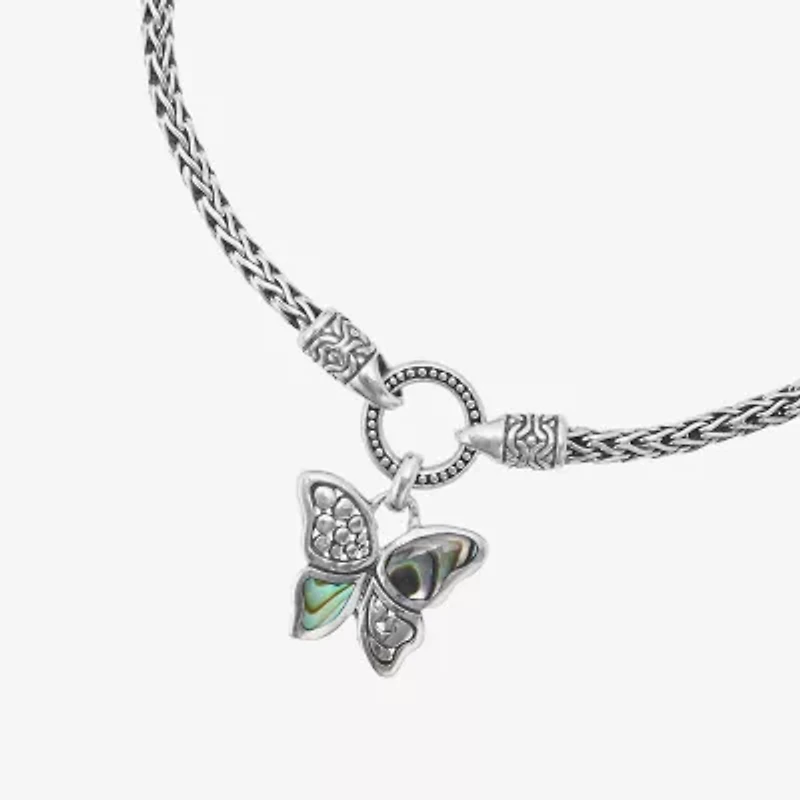 Bali Inspired Womens Genuine Multi Color Abalone Sterling Silver Butterfly Charm Bracelet
