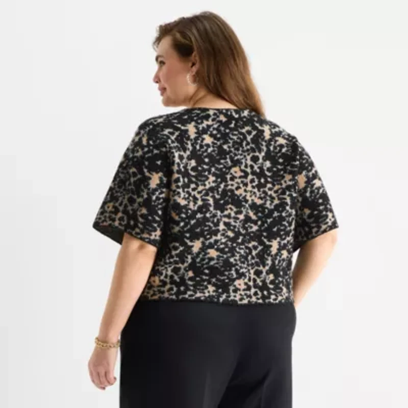 Worthington Plus Womens V Neck Short Sleeve Animal Pullover Sweater