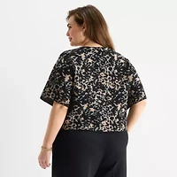 Worthington Plus Womens V Neck Short Sleeve Animal Pullover Sweater