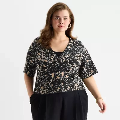 Worthington Plus Womens V Neck Short Sleeve Animal Pullover Sweater