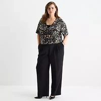 Worthington Plus Womens V Neck Short Sleeve Animal Pullover Sweater