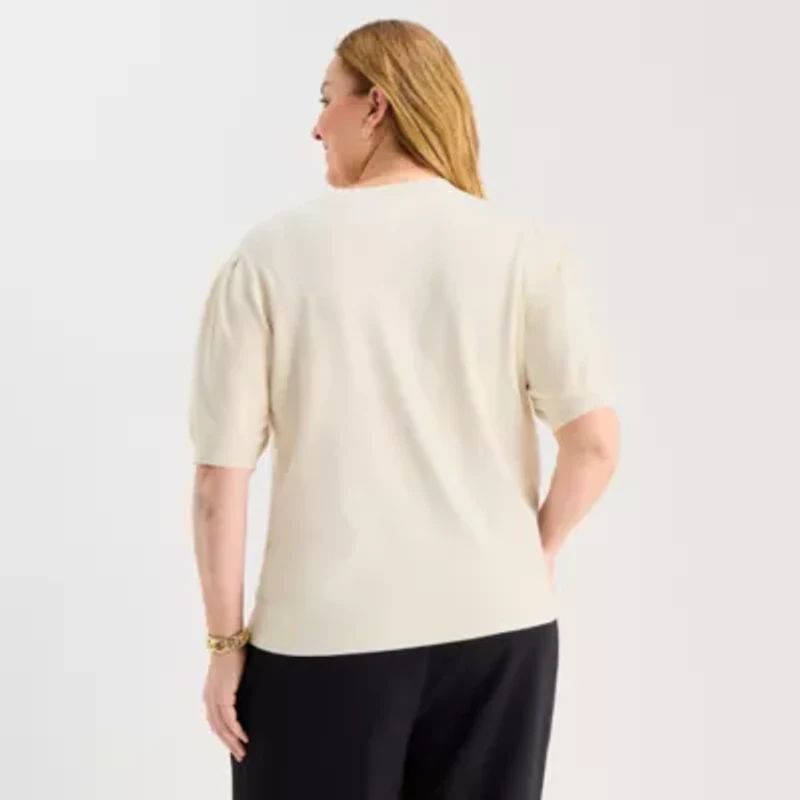 Liz Claiborne Plus Womens Crew Neck Short Sleeve Pullover Sweater