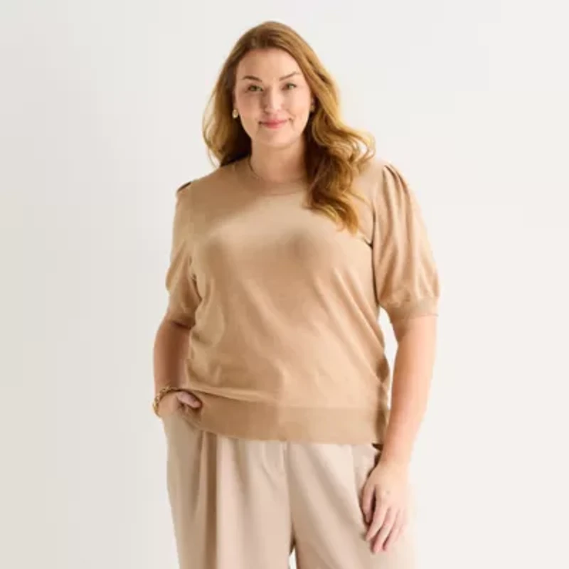 Liz Claiborne Plus Womens Crew Neck Short Sleeve Pullover Sweater