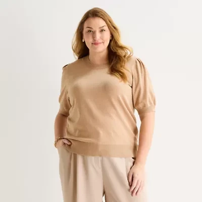 Liz Claiborne Plus Womens Crew Neck Short Sleeve Pullover Sweater