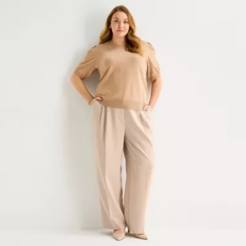 Liz Claiborne Plus Womens Crew Neck Short Sleeve Pullover Sweater