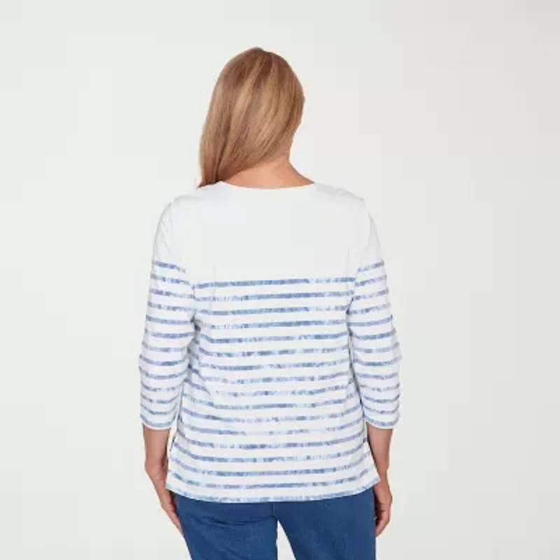 Alfred Dunner Hilton Head Womens Crew Neck 3/4 Sleeve T-Shirt