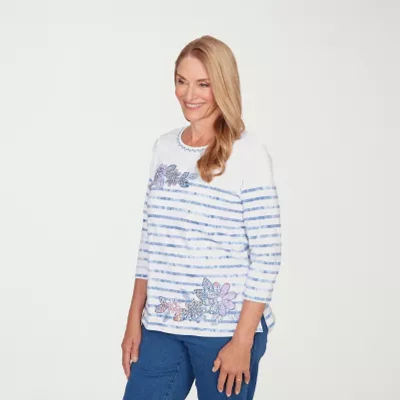 Alfred Dunner Hilton Head Womens Crew Neck 3/4 Sleeve T-Shirt