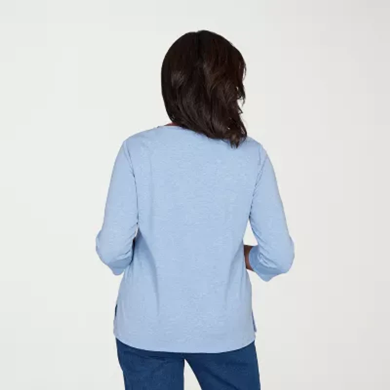 Alfred Dunner Hilton Head Womens V Neck 3/4 Sleeve T-Shirt