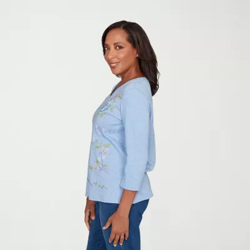 Alfred Dunner Hilton Head Womens V Neck 3/4 Sleeve T-Shirt