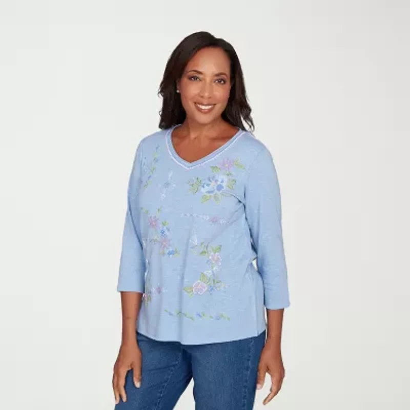 Alfred Dunner Hilton Head Womens V Neck 3/4 Sleeve T-Shirt