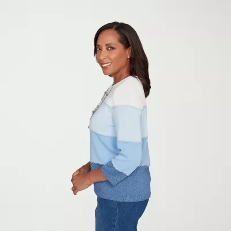 Alfred Dunner Hilton Head Womens Crew Neck 3/4 Sleeve Ombre Pullover Sweater