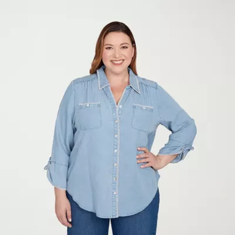 Alfred Dunner Hilton Head Womens Plus 3/4 Sleeve Button-Down Shirt