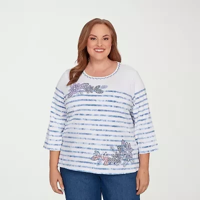 Alfred Dunner Hilton Head Womens Plus Round Neck 3/4 Sleeve T-Shirt