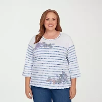 Alfred Dunner Hilton Head Womens Plus Round Neck 3/4 Sleeve T-Shirt
