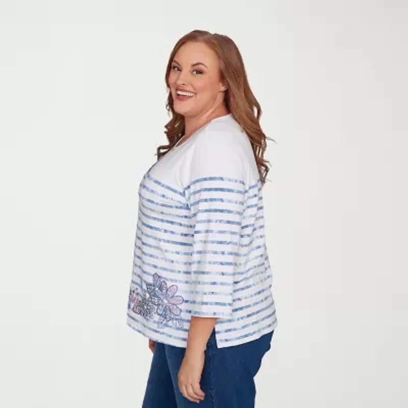 Alfred Dunner Hilton Head Womens Plus Round Neck 3/4 Sleeve T-Shirt