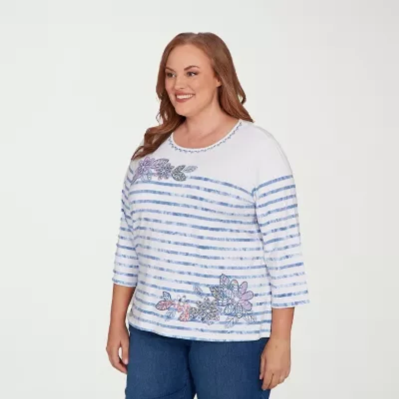 Alfred Dunner Hilton Head Womens Plus Round Neck 3/4 Sleeve T-Shirt
