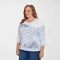 Alfred Dunner Hilton Head Womens Plus Round Neck 3/4 Sleeve T-Shirt