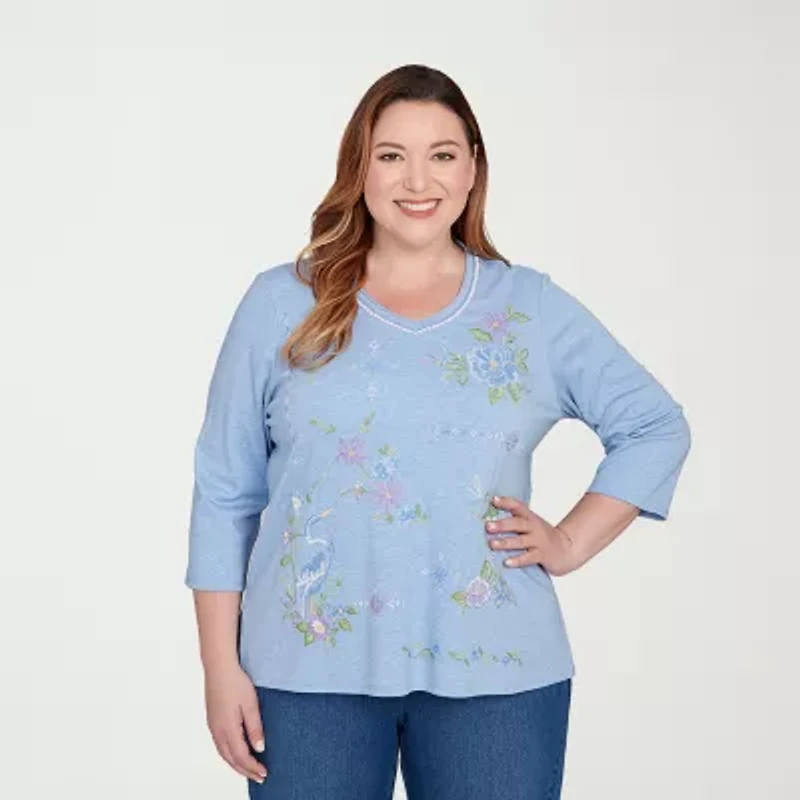 Alfred Dunner Womens Plus V Neck 3/4 Sleeve T-Shirt