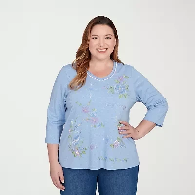 Alfred Dunner Womens Plus V Neck 3/4 Sleeve T-Shirt
