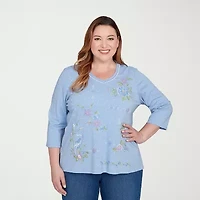 Alfred Dunner Womens Plus V Neck 3/4 Sleeve T-Shirt
