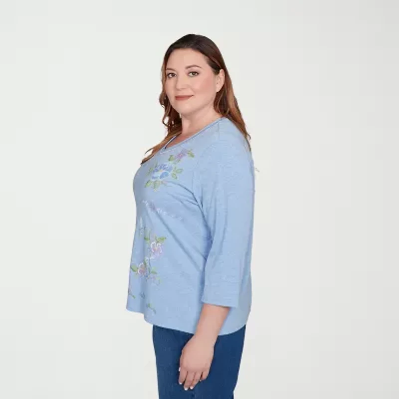 Alfred Dunner Womens Plus V Neck 3/4 Sleeve T-Shirt