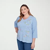 Alfred Dunner Womens Plus V Neck 3/4 Sleeve T-Shirt