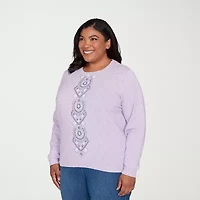 Alfred Dunner Plus Womens Crew Neck Long Sleeve Pullover Sweater