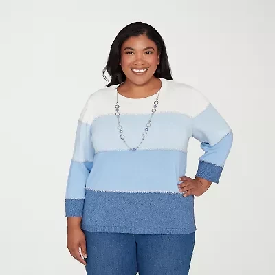 Alfred Dunner Plus Hilton Head Womens Crew Neck 3/4 Sleeve Ombre Pullover Sweater