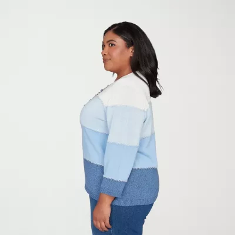 Alfred Dunner Plus Hilton Head Womens Crew Neck 3/4 Sleeve Ombre Pullover Sweater