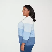 Alfred Dunner Plus Hilton Head Womens Crew Neck 3/4 Sleeve Ombre Pullover Sweater