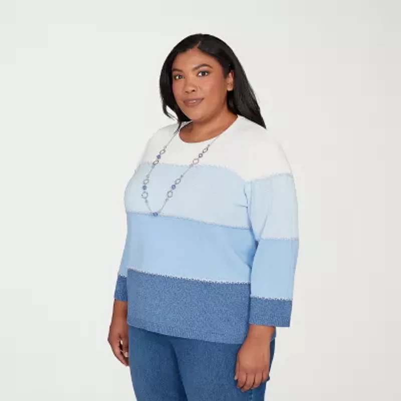 Alfred Dunner Plus Hilton Head Womens Crew Neck 3/4 Sleeve Ombre Pullover Sweater