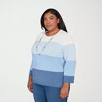 Alfred Dunner Plus Hilton Head Womens Crew Neck 3/4 Sleeve Ombre Pullover Sweater