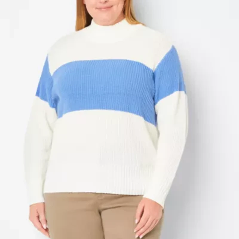 St. John's Bay Plus Womens Mock Neck Long Sleeve Striped Pullover Sweater