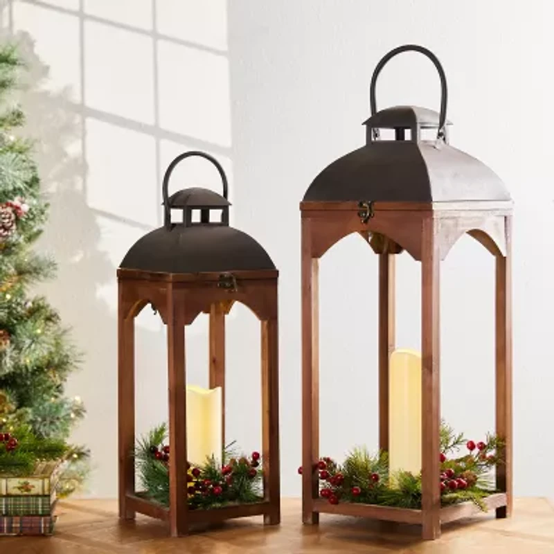 Glitzhome Farmhouse Modern Wood Metal 2-pc. Decorative Lantern