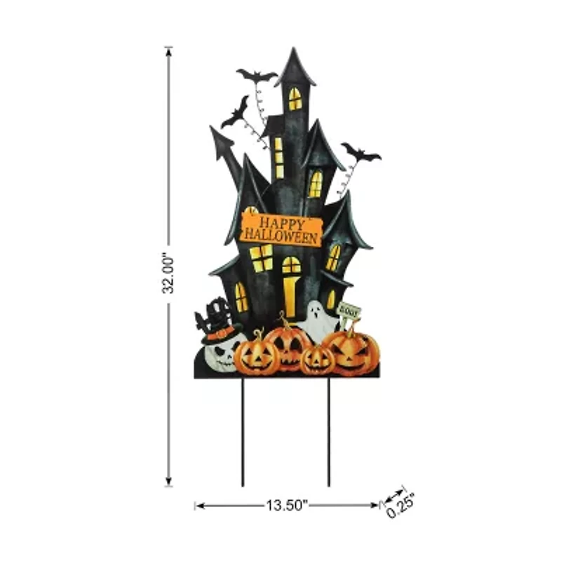 Glitzhome 32in Metal Haunted House Yard Stake Halloween Yard Art