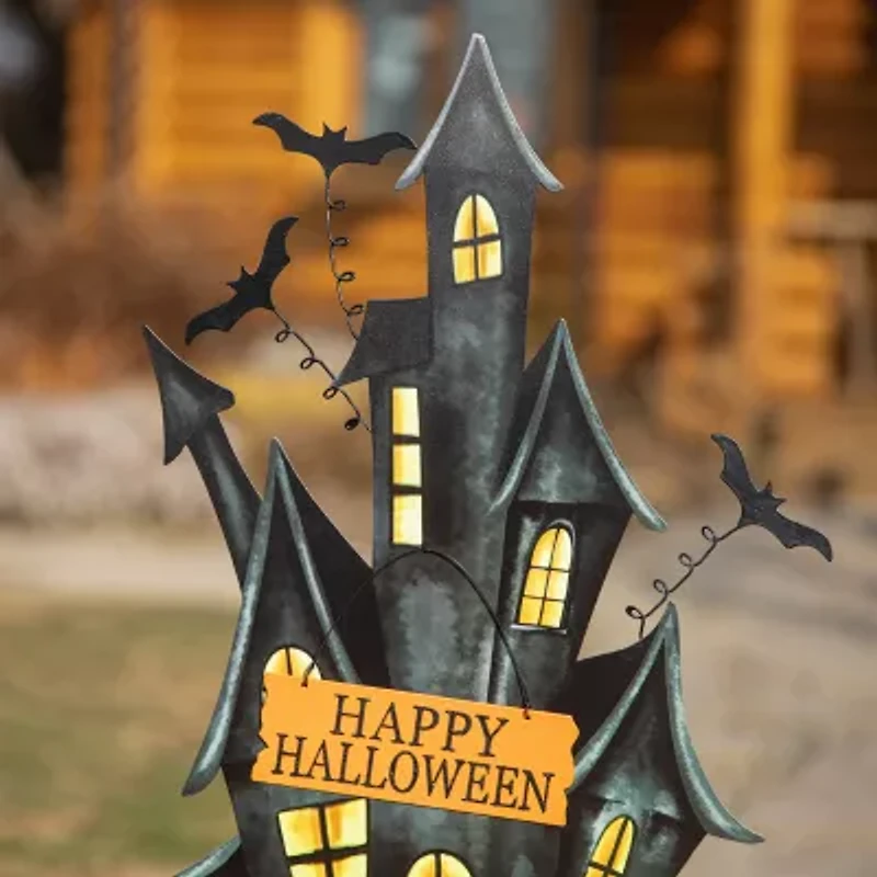 Glitzhome 32in Metal Haunted House Yard Stake Halloween Yard Art