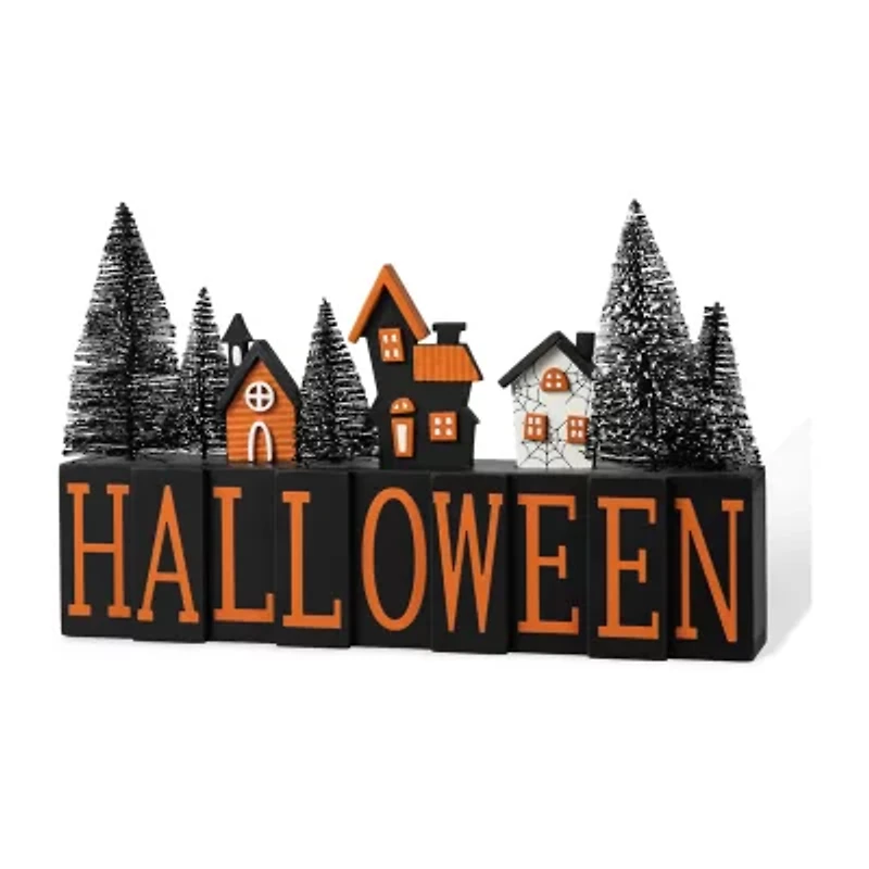 Glitzhome "14""Wooden Haunted House Table Sign" Halloween Tabletop Decor