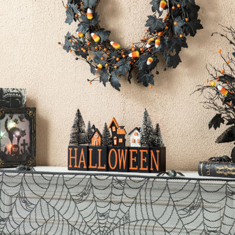 Glitzhome 14"Wooden Haunted House Table Sign Halloween Tabletop Decor