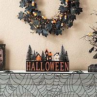 Glitzhome "14""Wooden Haunted House Table Sign" Halloween Tabletop Decor