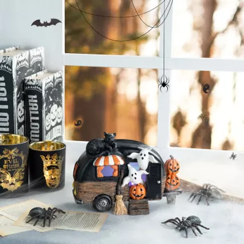 Glitzhome 9.25"Camperw/Ghost & Pumpkin & Cat Table Halloween Tabletop Decor
