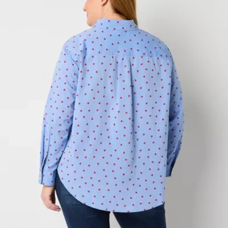 St. John's Bay Womens Plus Hidden Access Opening Y Neck Long Sleeve Cuffed Regular Fit Button-Down Shirt
