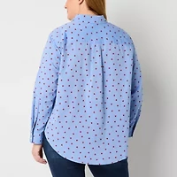 St. John's Bay Womens Plus Hidden Access Opening Y Neck Long Sleeve Cuffed Regular Fit Button-Down Shirt