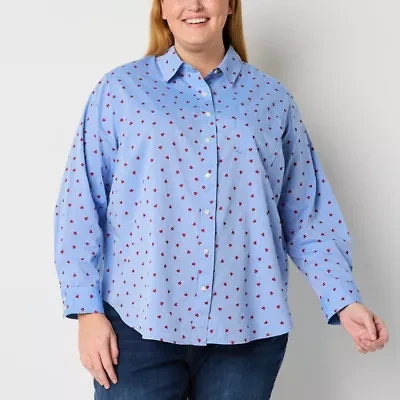 St. John's Bay Womens Hidden Access Opening Y Neck Long Sleeve Cuffed Regular Fit Plus Button-Down Shirt