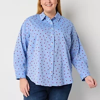 St. John's Bay Womens Plus Hidden Access Opening Y Neck Long Sleeve Cuffed Regular Fit Button-Down Shirt